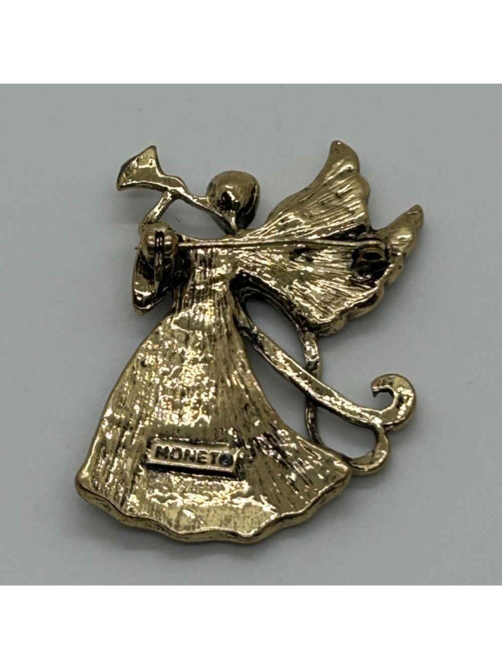 Vintage Monet Brooch Gold Tone Rhinestone Trumpeting Angel Guardian Christmas - Picture 5 of 10